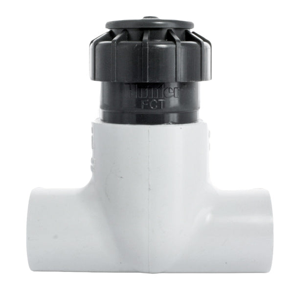 Hunter FCT-100 Flow-Clik sensor tee, 1-inch Schedule 40 slip fitting, angled front view showing tee body and sensor receptacle.