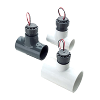 Close-up of Hunter FCT-150 Flow-Clik sensor receptacle tee, 1-1/2" SCH40 PVC fitting showing tee profile and sensor receptacle opening.