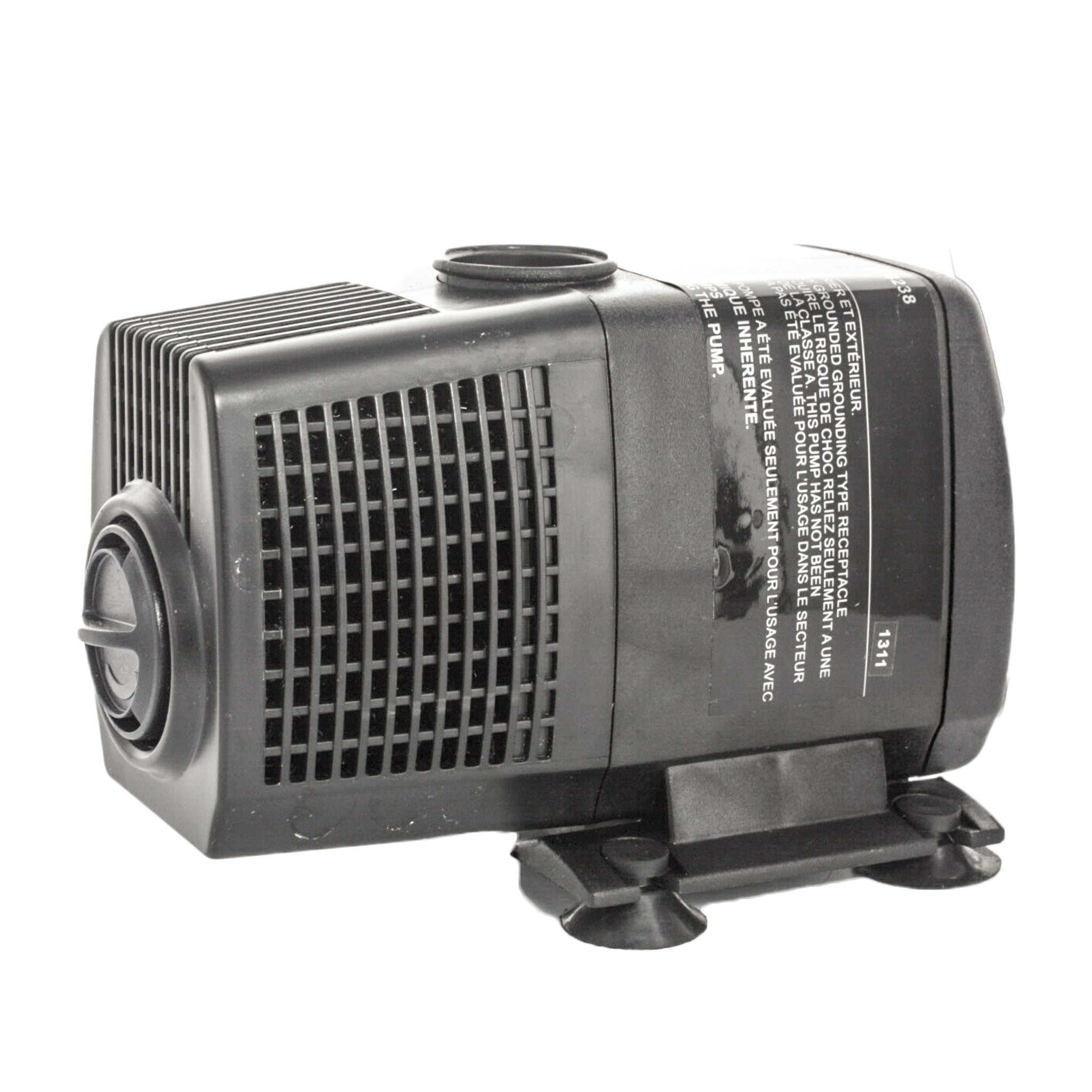 Front view of FP300 TidalWave fountain pump showing integrated flow control knob, inlet and outlet connection details.