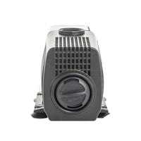Top and side view of FP300 pump highlighting the large pre-filter basket, cord strain relief, and outlet fitting connection.