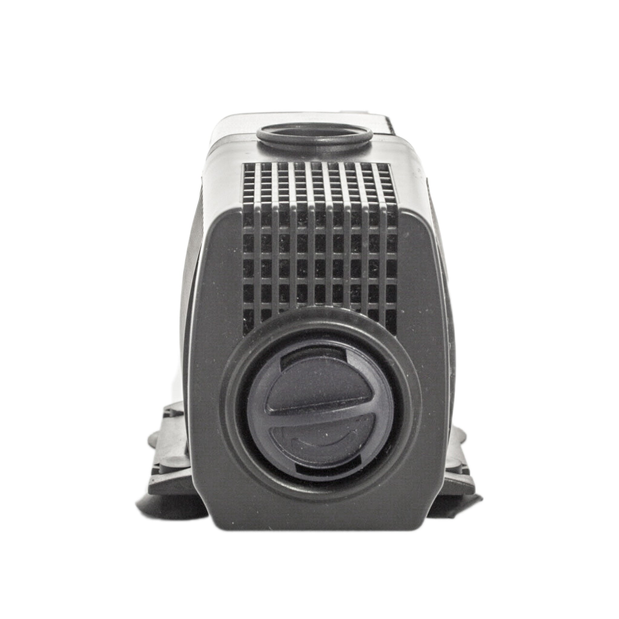 Top and side view of FP300 pump highlighting the large pre-filter basket, cord strain relief, and outlet fitting connection.
