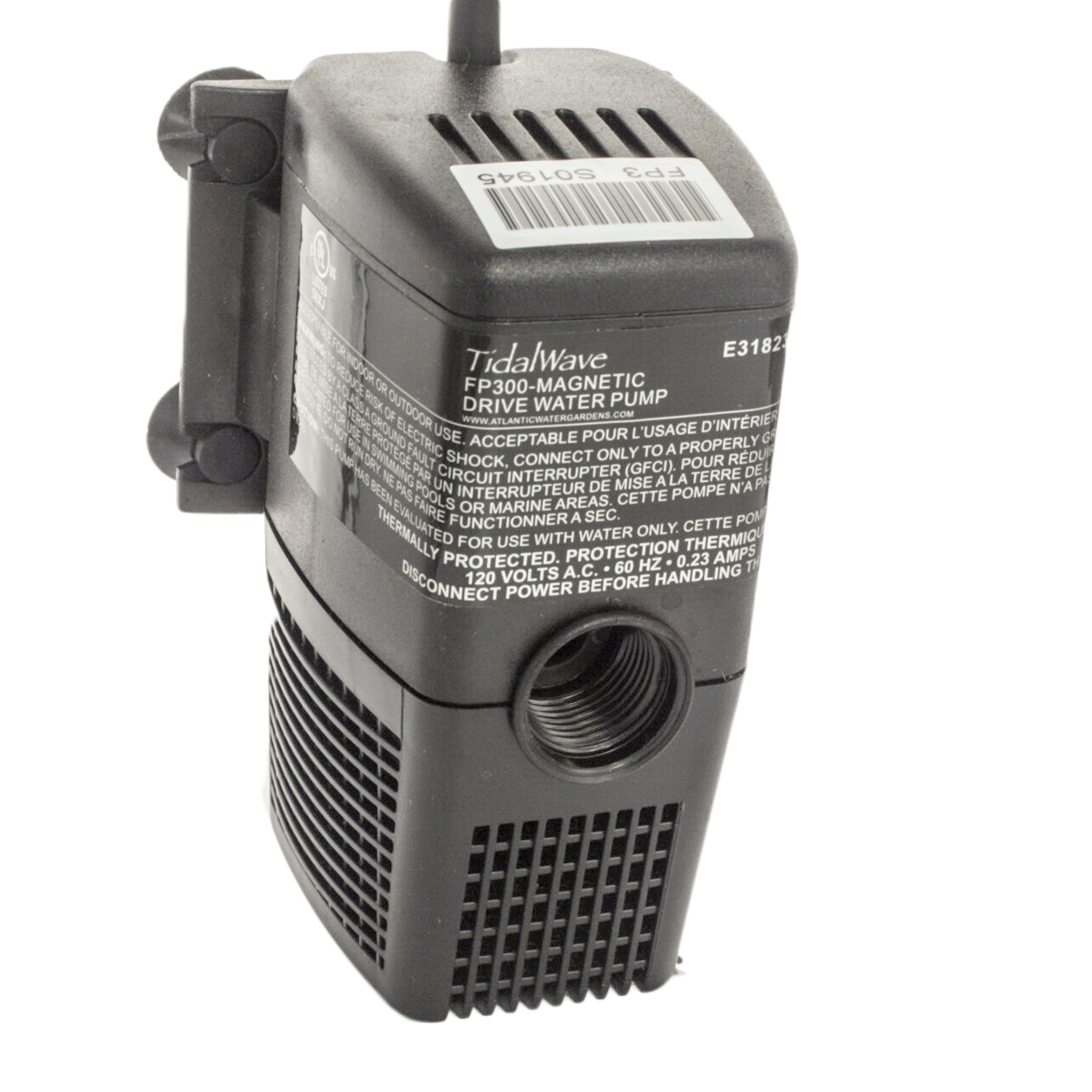 FP300 fountain pump with included 1/2"–3/4" barbed outlet fitting, shown to illustrate compact footprint for tabletop use.