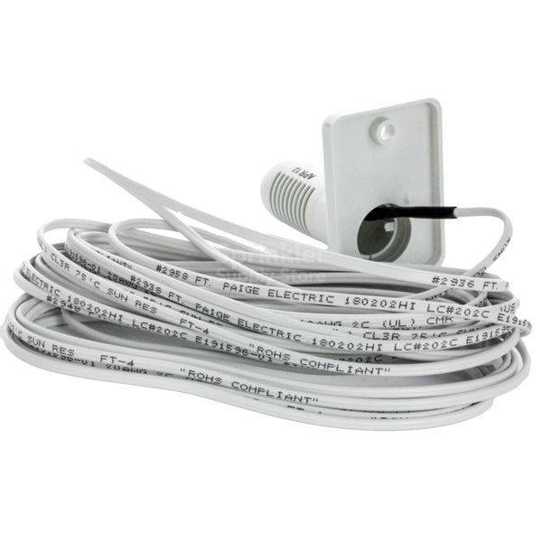 Close-up of Hunter FREEZE-CLIK sensor showing label, mounting flange, and sheathed 20 AWG wire lead used to connect to controller common or sensor terminal.