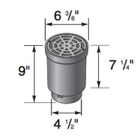 Black NDS FWSD69 surface drain inlet with 6-inch round plastic grate shown from above, showing grate pattern and inlet opening for 4" pipe connections.