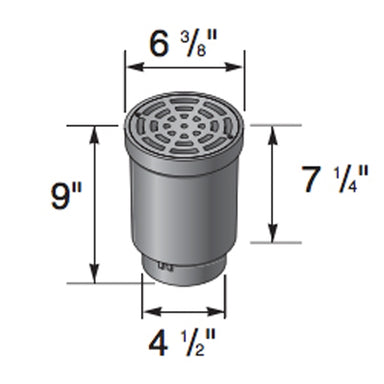 Black NDS FWSD69 surface drain inlet with 6-inch round plastic grate shown from above, showing grate pattern and inlet opening for 4" pipe connections.