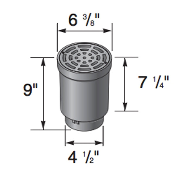 Black NDS FWSD69 surface drain inlet with 6-inch round plastic grate shown from above, showing grate pattern and inlet opening for 4" pipe connections.