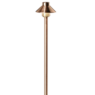FX DP Path Light with 12-inch riser in natural copper finish, shown upright with visible head, riser, and spike.