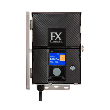 Front view of FX DX 150W low-voltage transformer in matte gray showing digital face-pack control, model labeling, and mounting bracket details.