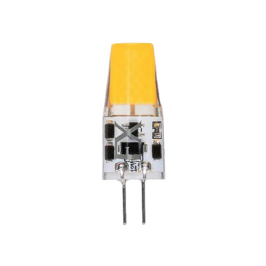 Front view of FX G4 LED 2.4W 2700K replacement lamp with clear silicone capsule, bi-pin G4 base visible.