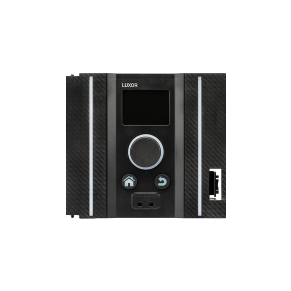 Front view of the Luxor LUXFP facepack replacement module showing full-color LCD, clickable scroll wheel, ports, and status LEDs.