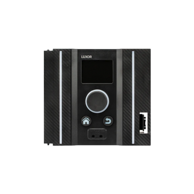 Front view of the Luxor LUXFP facepack replacement module showing full-color LCD, clickable scroll wheel, ports, and status LEDs.