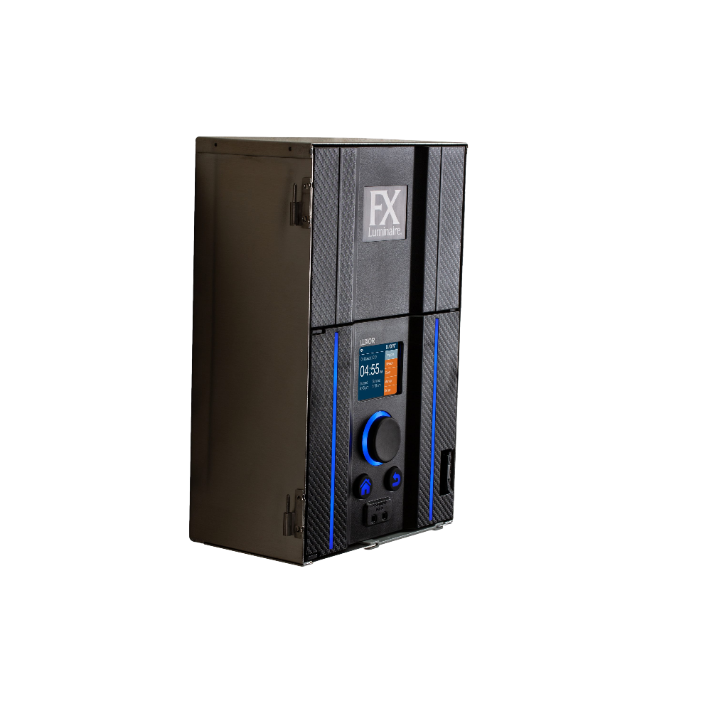Angle view of FX Luxor LUX-300 300W transformer controller highlighting access panel, control display and durable stainless steel housing for outdoor use.