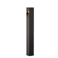 FX M-PZ Path Light in flat black finish, die-cast aluminum body with integrated Cree LED, side profile showing stake mount and low-voltage wiring connection.