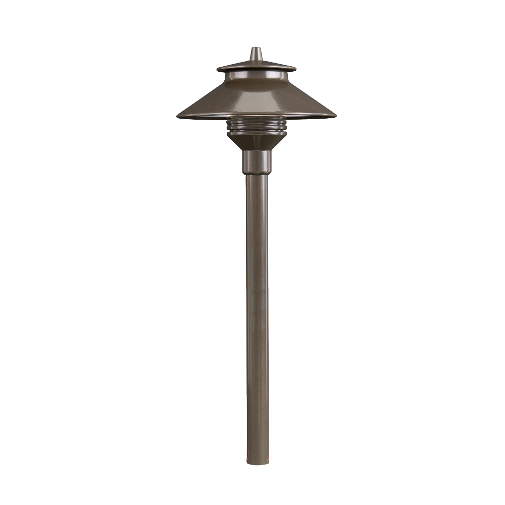 FX PL 18-inch path light in Aluminum Bronze finish with die-cast aluminum housing, frosted polycarbonate lens, 18in riser, low-voltage LED.