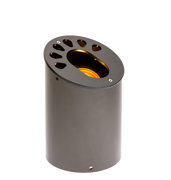 Flat black FX KG well light — subterranean aluminum housing with removable lens, 6‑LED board and aiming feature, shown with protective filter removed