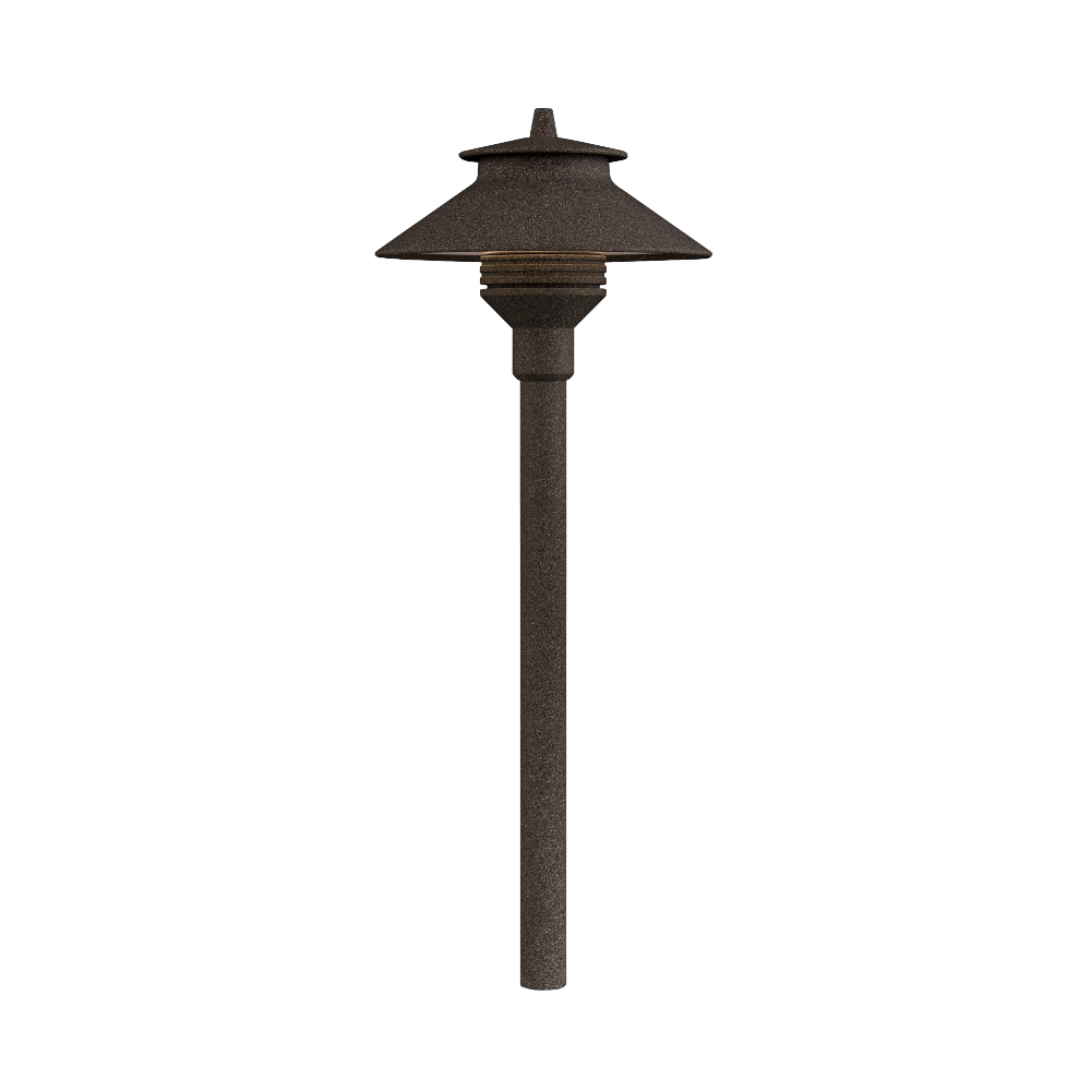 FX PL 18-inch path light in Weathered Iron finish, die-cast aluminum construction, frosted lens, 18in riser and low-voltage G4 LED.