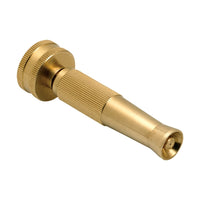 Underhill GNA-75 PowerBlast MultiMax adjustable hose nozzle in machined brass, showing 3/4-inch FHT threaded inlet and twist-adjust spray head on white background