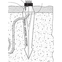 Unique GRAVITYSTAKE medium brown PVC lighting stake with mounted fixture, illustrating installation and profile for low-voltage path or accent lighting applications.