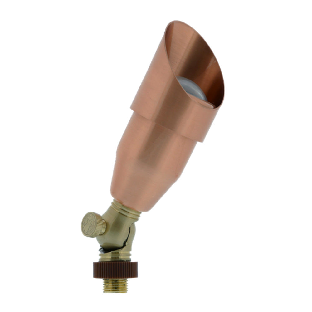 Natural copper Guardian up light fixture, precision-machined copper housing with sealed glass lens and mounting stake.