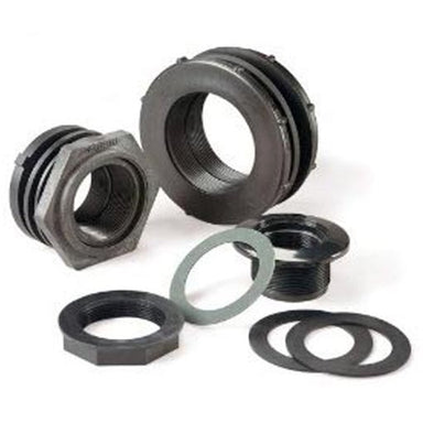 Atlantic HA2000 2-inch FIPT polypropylene bulkhead fitting, side view showing threaded female fittings and retaining nut.