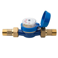 Hunter HC075FLOW flow meter with 3/4-inch NPT male thread, blue meter body, analog dial, and union fittings; front view of sensor and connection.