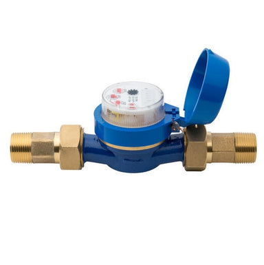Hunter HC075FLOW flow meter with 3/4-inch NPT male thread, blue meter body, analog dial, and union fittings; front view of sensor and connection.