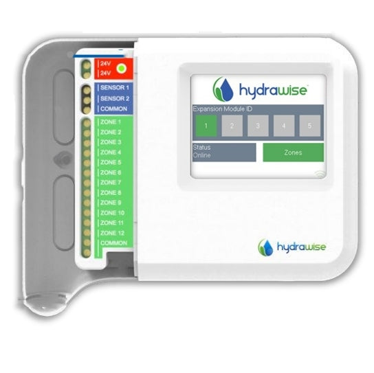 Side-angle view of Hunter HC1200M Hydrawise 12-station expansion module showing wiring terminals and cable connection point for HC-series controllers.