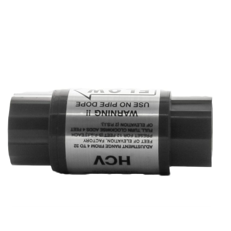 Side profile of Hunter HC50F50F check valve illustrating compact 76.20 mm length and 1/2 inch female threaded connections for inline installation.