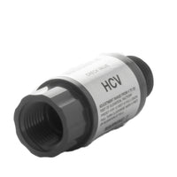 Hunter HCV check valve mounted on a standard riser demonstrating inline installation with 1/2" FPT x 1/2" MPT connections and compact profile.