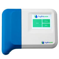 Front view of Hunter HC600I Hydrawise 6-station indoor Wi-Fi controller showing full-color touchscreen, status icons, and terminal connections.