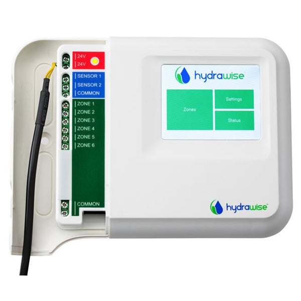 Angled view of Hunter HC600I Hydrawise 6-station indoor controller highlighting the enclosure, mounting points, and user interface display.