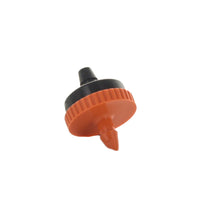Side view of Hunter HE60B25 drip emitter with orange body, highlighting outlet tip and pressure-compensating internal design features