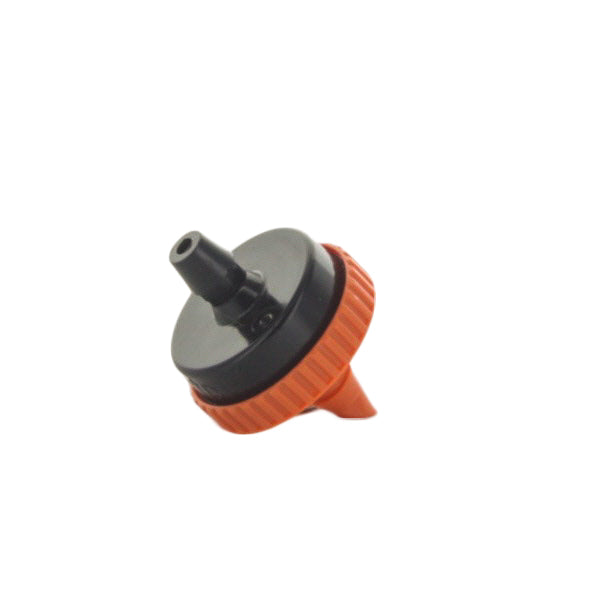 Top and side angle of Hunter HE60B25 emitter showing self-piercing barb, coined installation edge, and compact orange housing for flow ID