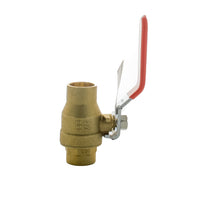 Front view of HFBV6-75S 3/4" sweat ball valve showing chrome-plated no-lead brass body and visible quarter-turn lever, white background.