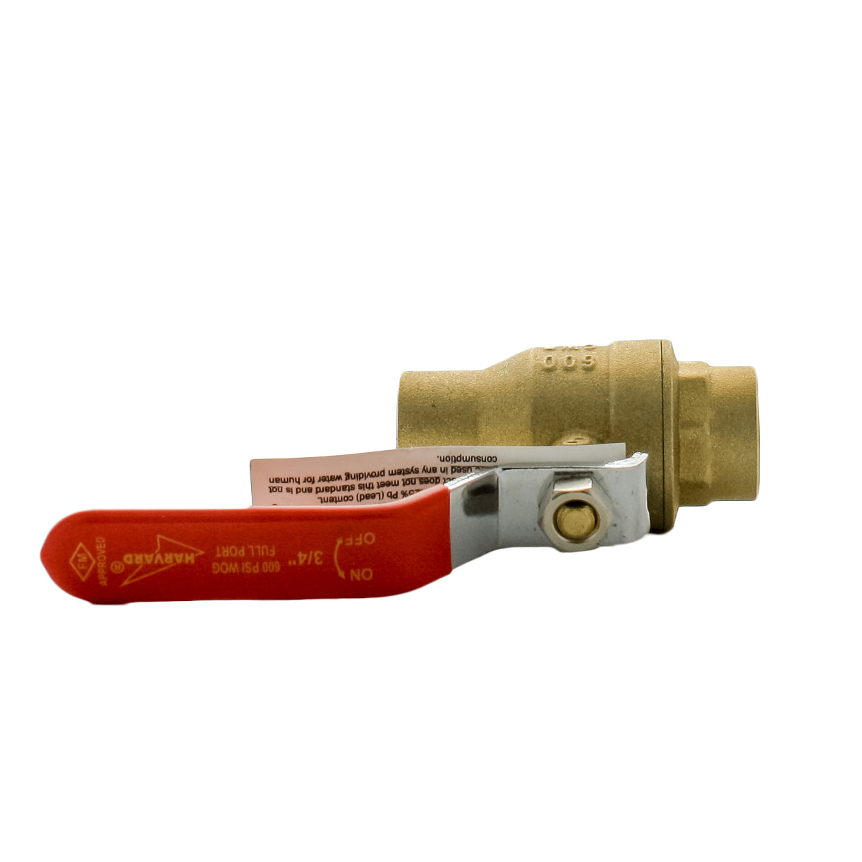 Detail view of HFBV6-75S 3/4" sweat ball valve showing inlet/outlet sweat ends and chrome-plated no-lead brass construction.