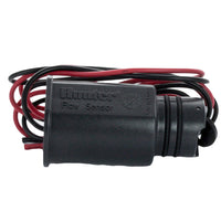 Hunter HFS Flow-Sync sensor close-up showing impeller chamber, sensor body, O-rings and red and black lead wires used for controller connection.