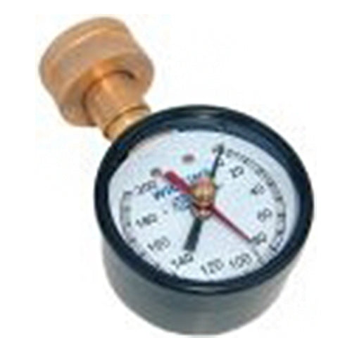 Zurn Wilkins HGI-25 hose bibb pressure gauge with 2-inch dial, 0-200 PSI range, and 3/4-inch hose adaptor for direct hose bibb connection.