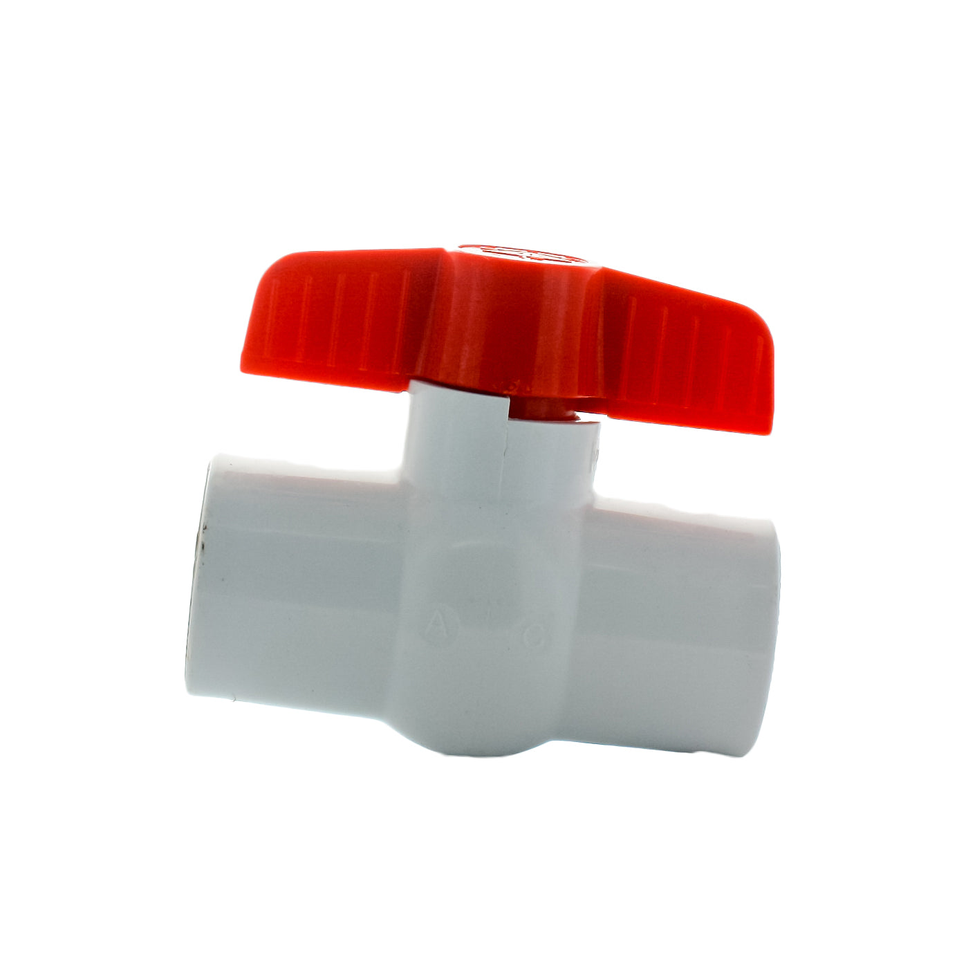 Front angle view of HMIP100SE 1" PVC Schedule 80 slip ball valve showing white PVC body, red lever handle, and 1-inch socket ends for installation.