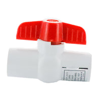White American Granby HMIP75SE 3/4-inch Schedule 80 PVC molded-in-place ball valve with red handle, front angle view showing body and handle.
