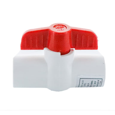 American Granby HMIP75TE 3/4" SCH 80 PVC threaded ball valve, front view showing white PVC body, red ABS handle, and female pipe threads for connection.