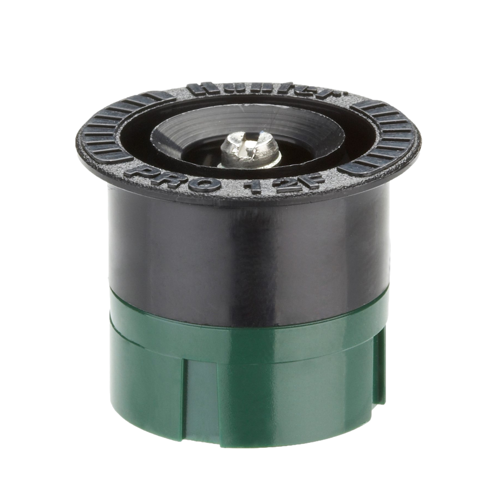 Hunter Pro Fixed Nozzle 12F — 12 ft radius full-circle model, green top visible; image highlights product head and identification marks.