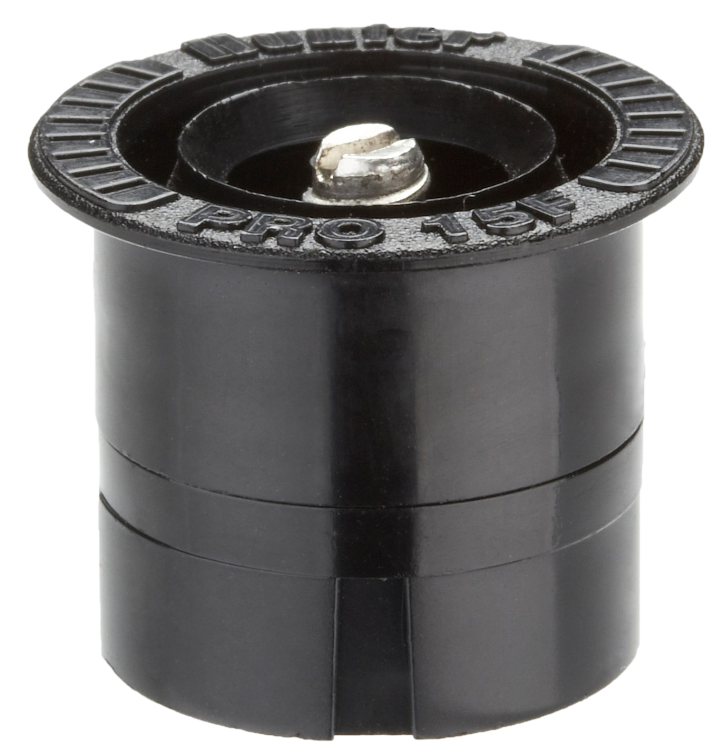 Hunter Pro Fixed Nozzle 15F — 15 ft radius full-circle model image showing nozzle top and full pattern capability for turf coverage.