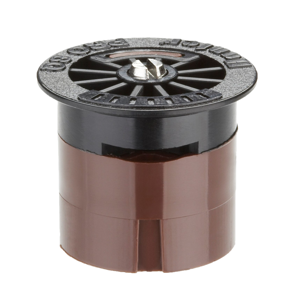 Hunter Pro Fixed Nozzle 8Q — 8 ft radius quarter-circle model with brown top, close-up of nozzle head and labeling for identification.