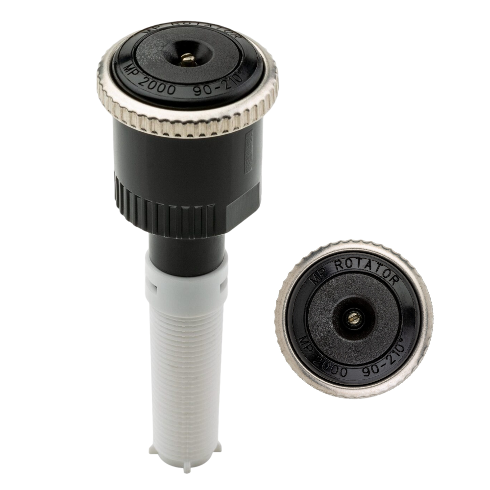 Hunter MP2000 nozzle angled photo with black cap indicating 90°–210° arc, showing nozzle tip geometry suitable for 13'–21' radius.