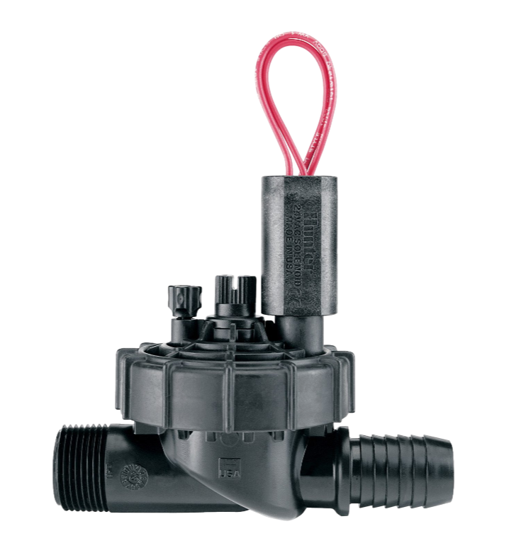 Hunter PGV 1" jar-top valve male x barb with flow control, visible flow-adjust knob and encapsulated solenoid for reliable zone control.