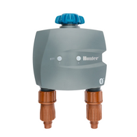 Product image of Hunter BTT-200 two-zone Bluetooth tap timer highlighting outlet ports and app-control capability for two zones.