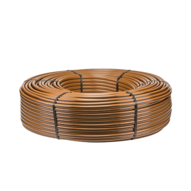 Product image of Hunter HDL pressure-compensating dripline coil (250 ft), showing black-striped tubing and factory-installed 0.9 GPH emitters, 12-inch spacing, angled view.