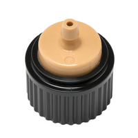 Close-up of Hunter HEB-40 pressure-compensating point-source drip emitter showing 1/2" female thread body and inlet options for tubing connections.