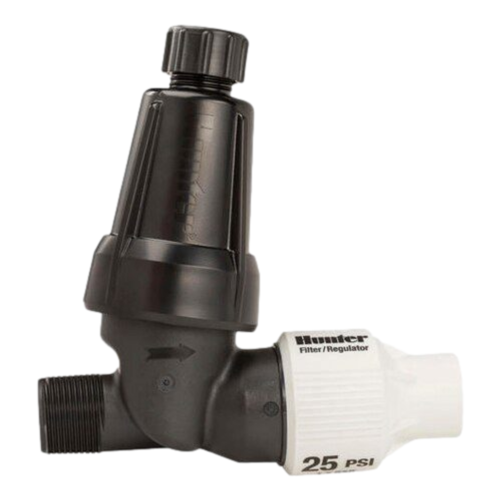 Hunter HFR 3/4 in pressure-regulating inline/WYE filter with black plastic housing, visible 150-mesh stainless-steel screen and flush cap for maintenance.