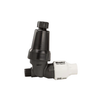 Hunter HFR-100-075-25 pressure-regulating filter with black polypropylene body, white 25 PSI regulator, 1 in inlet and 3/4 in outlet, 150-mesh stainless screen.